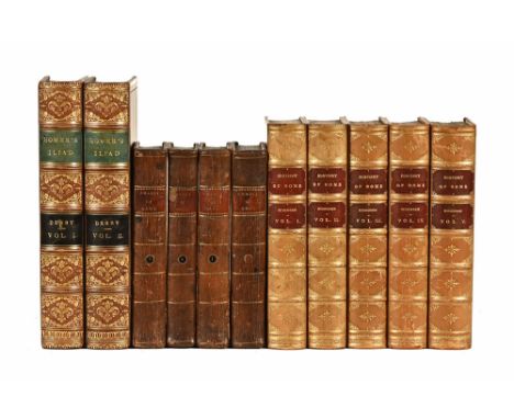 A collection of classical antiquarian books, "Homers Iliad" by Edward Earl of Derby 1864 in two volumes, leather bound with g