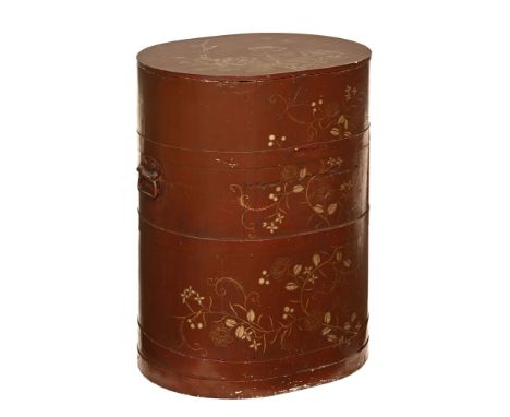 A lacquered barrel form CWJ, with twin metal handles and with bird butterfly and botanical decoration. Height 73 cm, width 56
