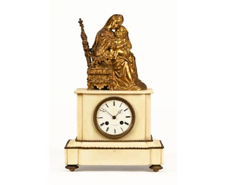 A Wilson &amp; Gandar Paris white marble and bronze mounted two train mantel clock, with figural mount. Height 40 cm, width 2