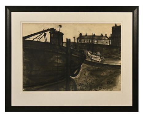 Percy Kelly (1918-1993), a watercolour and charcoal depicting Boats in Workington Harbour and The Queens Head Pub (John Peel 