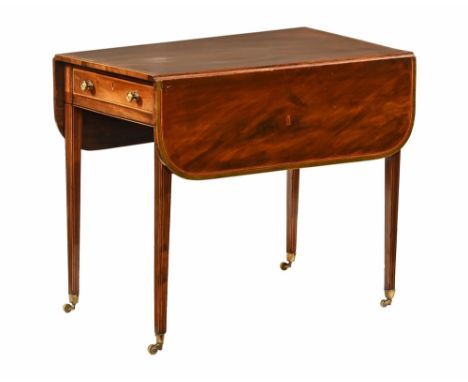 A 19th century inlaid mahogany twin drop flap table, with single drawer to one side and dummy drawer to the other, raised on 