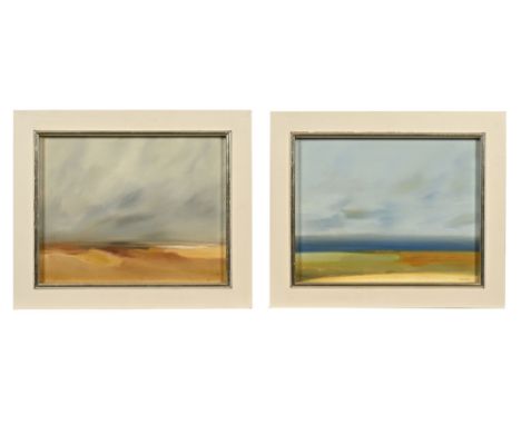 Tom Robb, two oil paintings on board, both signed to the bottom right, landscape and seascape.&nbsp; 29 x 37 cm framed and mo