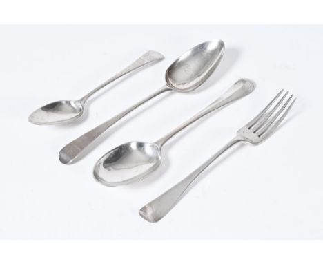 Three silver spoons and a silver fork, the first spoon with rat tail back London 1904 made by Josiah Williams &amp; Co George