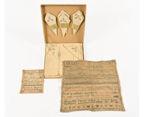 Two unframed samplers, 1849 Elizabeth Paine aged 7 years and Lora E Dickson 1863.  Largest 37 cm x 42 cm, together with a CWJ
