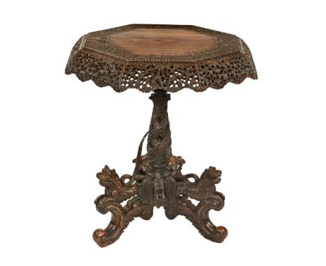 An Anglo Indian octagonal tripod table, the top with floral design with carved elephant, peacocks, cobra and with pierced edg