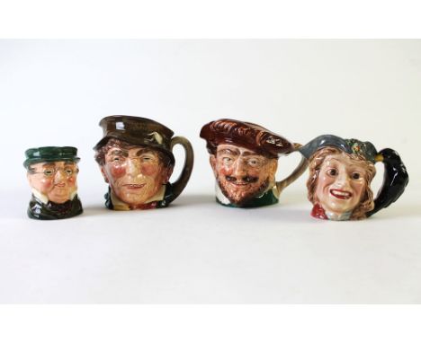 A collection of character jugs, two large Royal Doulton "Paddy" and "Drake", a small "Pickwick" and "Barnaby Rudge" "Beswick"