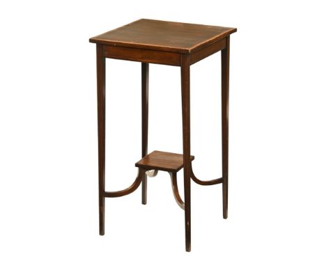 An Edwardian inlaid mahogany square occasional table, raised on tapered legs of square section with centre raised shelf.  Hei
