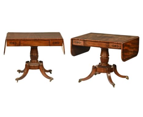 A near pair of Regency sofa tables, both with inlay decoration with single drawer and raised on turned and fluted columns on 