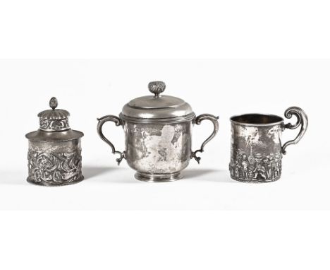Three pieces of silver, Birmingham silver lidded two handled cup 1914, makers mark Elkington, together with Sheffield silver 