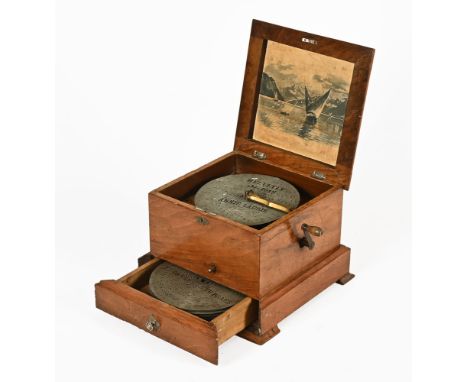 An antique Helvetia Swiss music CWJ polyphon, with nineteen discs with Swiss lake scene picture to the inside of the lid with