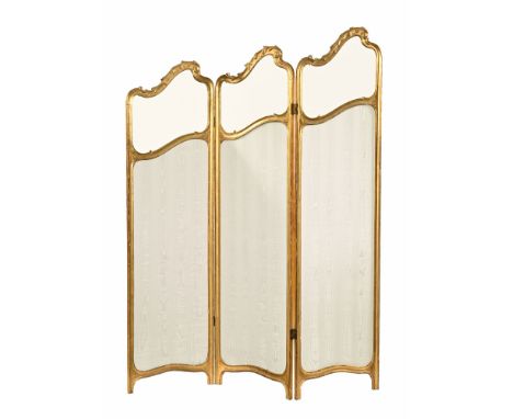 A continental gilt threefold screen, with glass panelled top and white upholstered lower panels.  The largest section height 