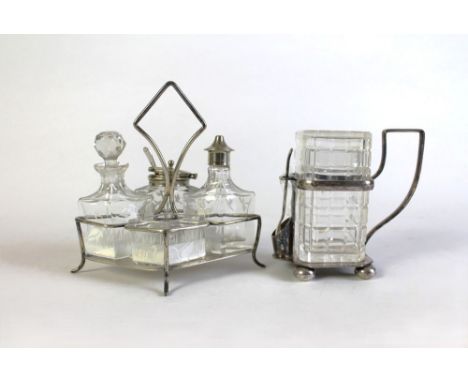 A Mary Gregory style four piece condiment set in silver plated cruet, together with a Maple &amp; Co mint sauce jar. Tallest 