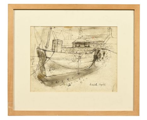 Percy Kelly (1918-1993), ink and watercolour fishing boat in harbour "Mousehole" dated August 1962.&nbsp; 24 x 32 cm, framed 