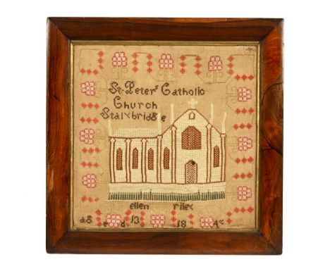 A mid 19th century needlework sampler, depicting St Peters Catholic Church Stalybridge by Ellen Riley aged 13 dated 1848. 40 