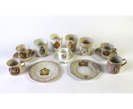 A Queen Victorian Jubilee mug and collection of later Royal commemorative beakers, cups, saucers, plates.