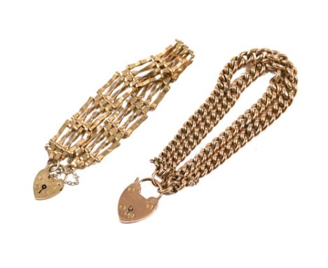 A 9 ct gold gate bracelet, and curb bracelet.&nbsp; 26.9 grams&nbsp; (see illustration).