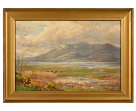 William Lakin Turner (1867-1936), oil painting of cattle next to Bassenthwaite Lake with Skiddaw in background, signed bottom