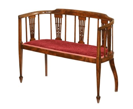 An Edwardian duet settee, inlaid and with a red upholstered base raised on square legs of tapering section.&nbsp; Height 79 c