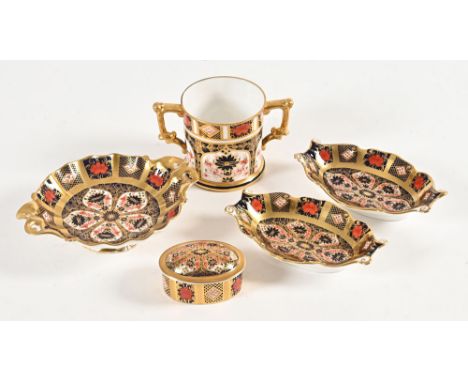 Five pieces of Royal Crown Derby pattern 1128 china, pair of matching candy dishes, circular candy dish raised on foot, diame