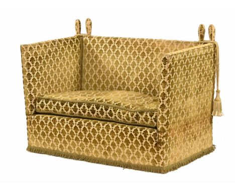 A knoll settee, upholstered in a green patterned material.  Height excluding knolls 83 cm, width 129 cm, depth 72 cm, seat he