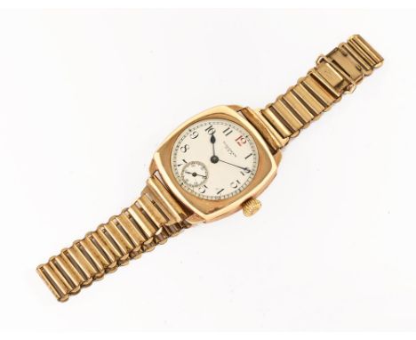 An Art Deco 9 ct gold cased gentleman's wristwatch by Waltham USA, with Arabic numerals and subsidiary seconds dial.  Case 30