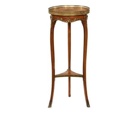 A late 19th century continental jardiniere stand, with parquetry top with pierced metal gallery raised on slender cabriole le