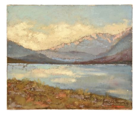 Jameson, oil on canvas lake scene, signed to the bottom right and marked to the stretcher Lac de Mino. 38 x 46 cm. NOTE: Lace