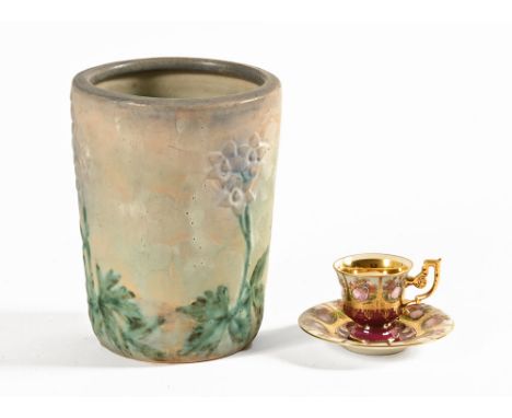 A Vienna porcelain cabinet cup and saucer, together with a Denby ware Art Deco vase.  Height 21 cm.
