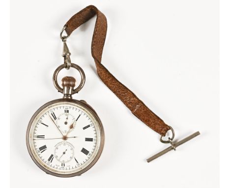 A silver cased Swiss made chronograph pocket watch.The watch will tick away when wound but then stops but after a small shake
