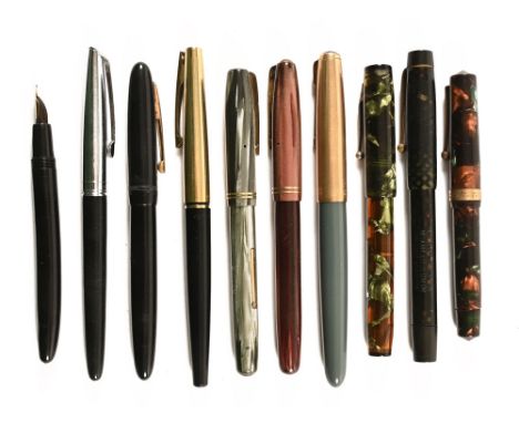 A collection of ten vintage fountain pens, including Parker.