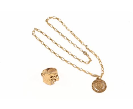 A 9 ct gold chain, with Rangers Football club pendant and a 9 ct gold ring.&nbsp; 25.3 grams.