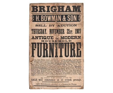 An Edwardian auction poster Brigham H Bowman &amp; Son Auction Sale November 21st 1907, antique and modern household furnitur