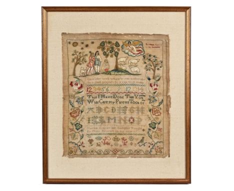 An 18th century sampler by Martha Bingley, with proverbs, numbers and alphabet with highly decorated borders in multiple colo