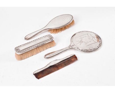 Four silver backed dressing table items, to include mirror with Victorian style bow and swag decoration hallmark Birmingham 1