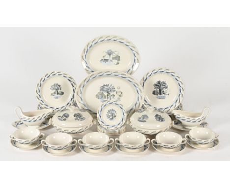 Eric Ravilious Wedgwood Garden pattern dinner service, six 10" plates, six 9" plates, six 6" tea plates, six soup bowls and s
