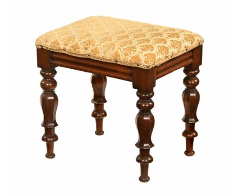 A Victorian mahogany stool, with upholstered seat and raised on turned legs.  Height 44 cm, width 45 cm, depth 36 cm.