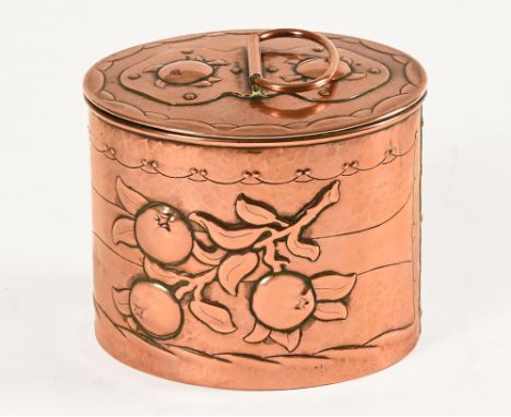 An Arts &amp; Crafts Newlyn oval embossed and planished biscuit tin, with carrying handle, impressed Newlyn to the base. Heig