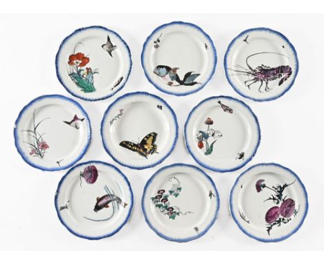 Eight tin glazed earthenware French plates, with fish and crustacea bird and flower designs, circa 1880 by Felix Bracquemond 