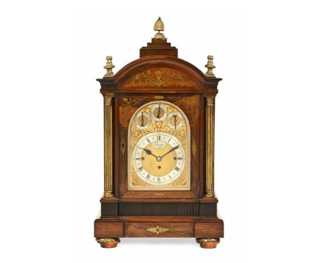 Burges triple fusee rosewood cased bracket clock, with pineapple finial above four brass finials with brass columns and strin