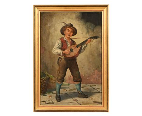 G Caurbouni, oil on canvas young boy playing a lute.  59 cm x 39 cm, framed, signed.