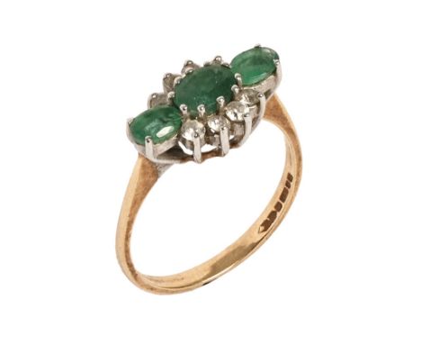 A 9 ct gold emerald and diamond ring, set with three emeralds and eight diamonds.  Size O/P.  Weight 2.4 grams.