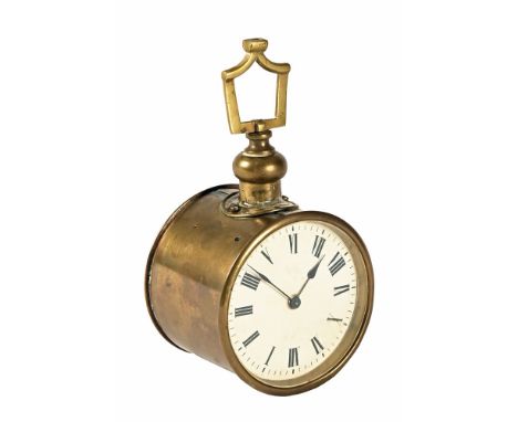 An Edwardian glass cased hanging drum clock, with Swiss single train movement. Drum diameter 9.5 cm.