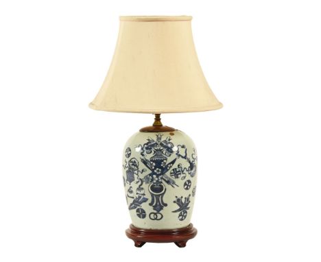 A Chinese vase, later converted to a lamp. Height excluding base and light fitting 26 cm.The lamp has been converted from a j