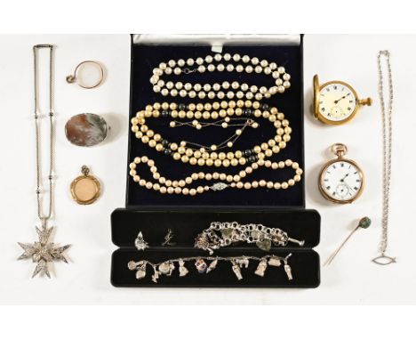 A silver charm bracelet, various necklaces, fobs, watches etc.