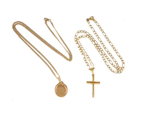 Two 14 ct gold chains, each with pendant, one in the form of a cross the other Madonna.&nbsp; 15 grams.