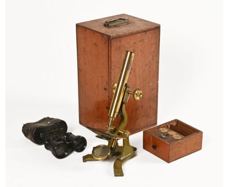 A Victorian green painted brass monocular microscope, with accessories in mahogany case and a pair of opera glasses.&nbsp; Ex
