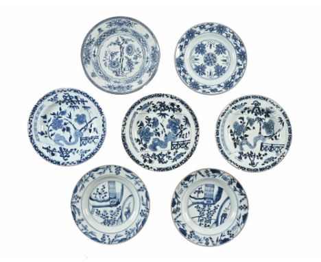 Seven Chinese blue and white plates. Diameter 22 cm.One of the plates to the bottom row of the picture has three chips to the