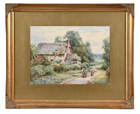 Teresa Sylvester Stannard (1898-1947), watercolour of a cottage scene "Watching The Thatcher".  35 x 25.5 cm in gilt frame an