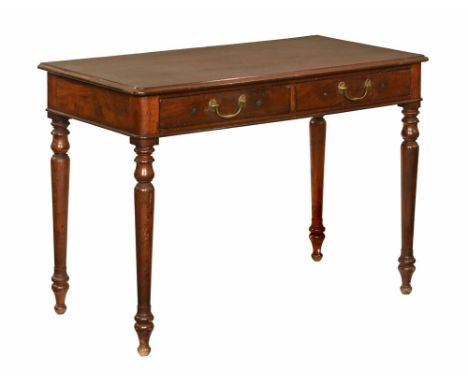 A Victorian mahogany side table, with rounded corners and fitted with two frieze drawers and raised on turned tapered legs.  