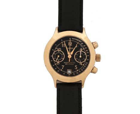 A Sekonda chronograph wristwatch, with a black leather strap, stamped U.S.S.R. Serial No. 367657 to the rear. Case diameter +